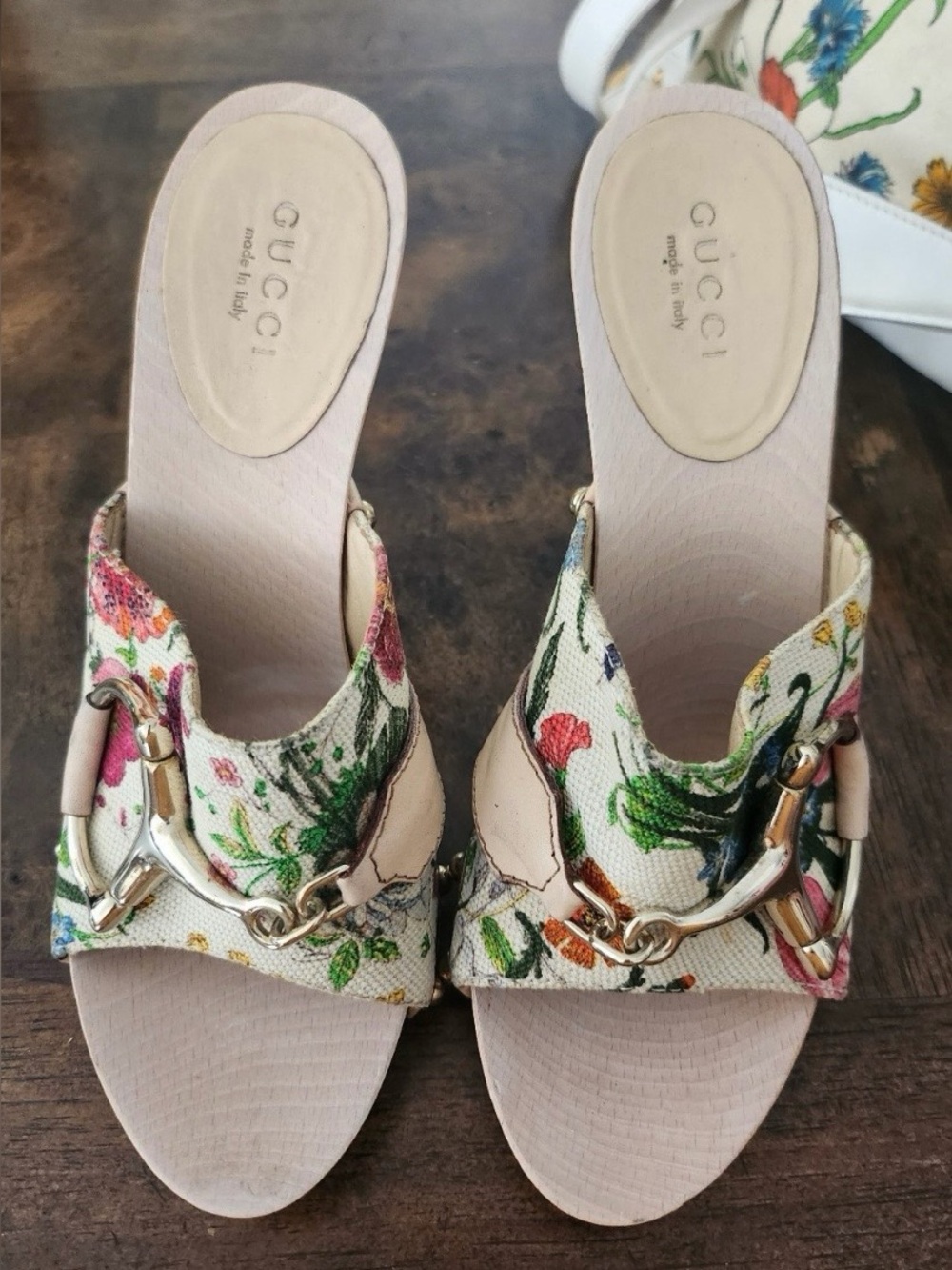 Gucci Floral Canvas Slide Mules with Gold Horsebit - Pink/Green